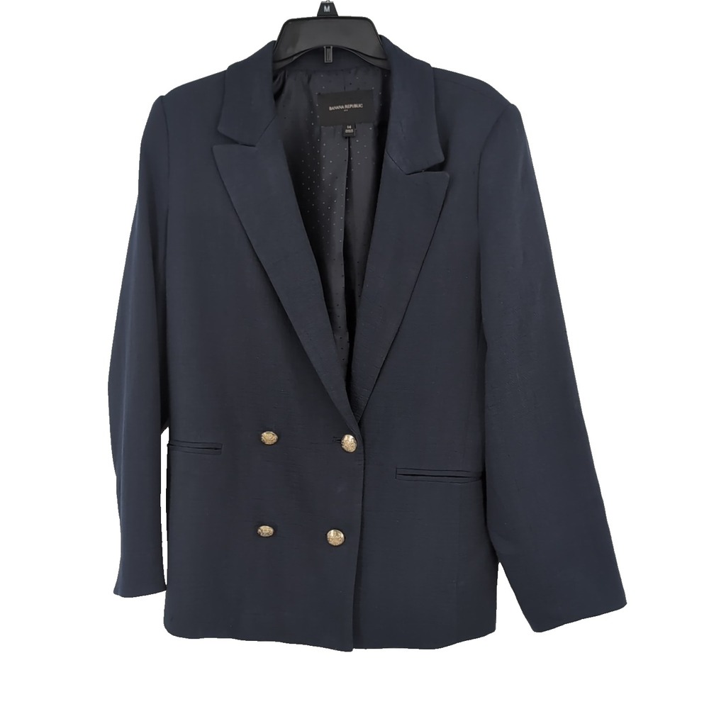Banana Republic Navy Blue Double Breasted Cotton Linen Crest Button Blazer 14